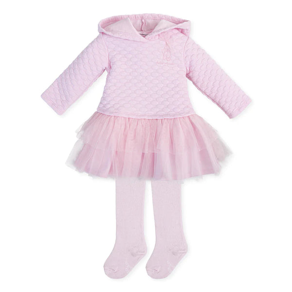 Tutto Piccolo Pink Hooded Dress With Tulle Frill & Matching Pink Tights - 4224