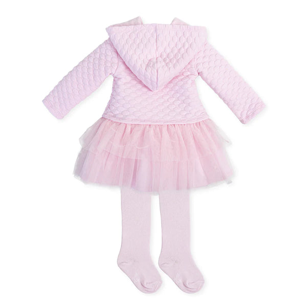 Tutto Piccolo Pink Hooded Dress With Tulle Frill & Matching Pink Tights - 4224