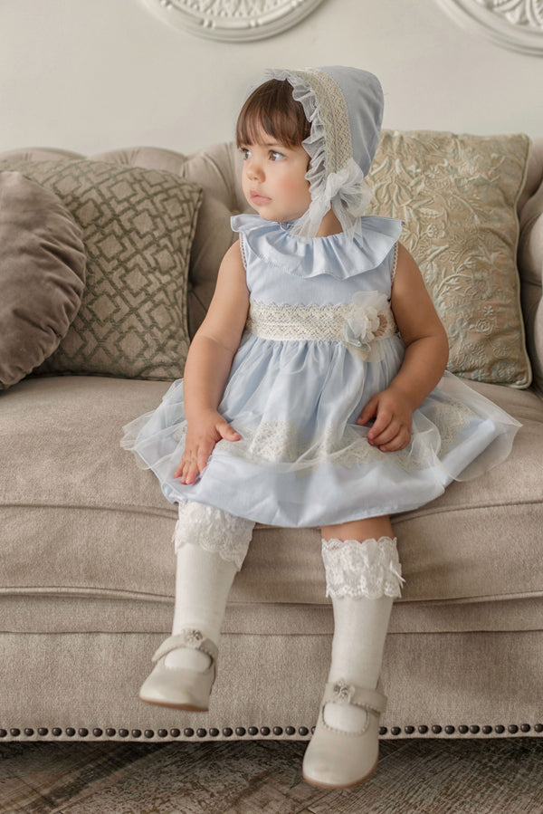 Beautiful Miranda Baby Blue & Ivory Dress, Pants & Bonnet Set - 145 VGB