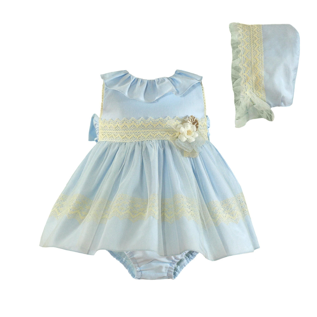 Beautiful Miranda Baby Blue & Ivory Dress, Pants & Bonnet Set - 145 VGB