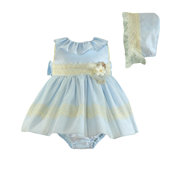 Beautiful Miranda Baby Blue & Ivory Dress, Pants & Bonnet Set - 145 VGB