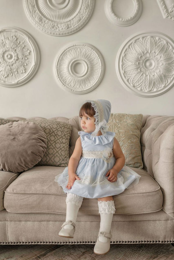 Beautiful Miranda Baby Blue & Ivory Dress, Pants & Bonnet Set - 145 VGB
