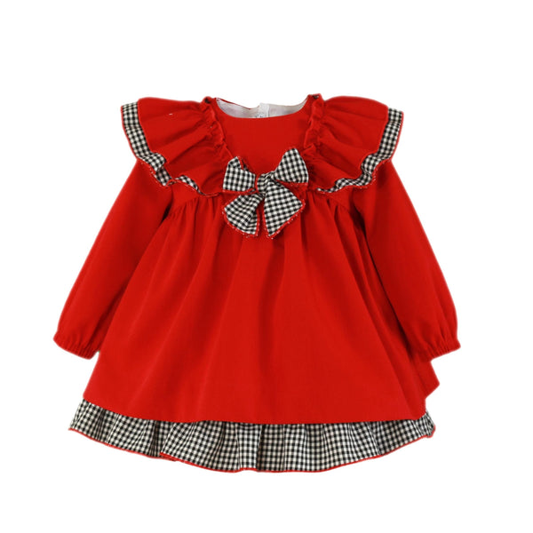 Miranda Red Dress With Black & White Check Detail & Bow - 0148