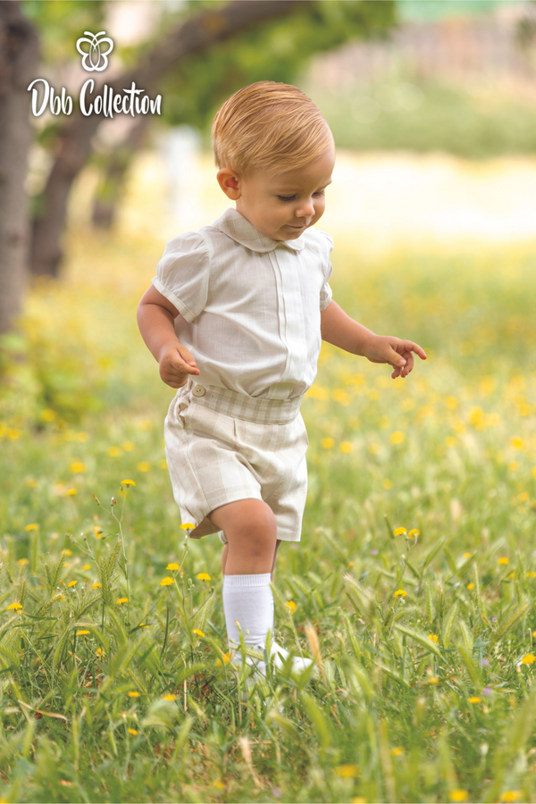 Dbb Collection Beige & Ivory Boys Two Piece Shirt & Shorts Set - 14905