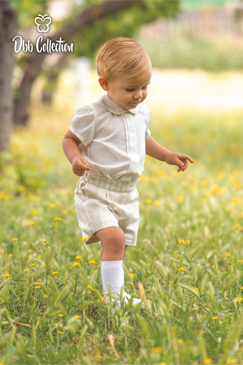 Dbb Collection Beige & Ivory Boys Two Piece Shirt & Shorts Set - 14905