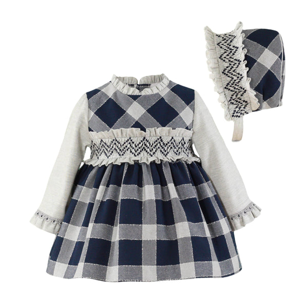 Miranda Navy & Grey Smocked Dress & Bonnet Set - Winter - 0156/VG