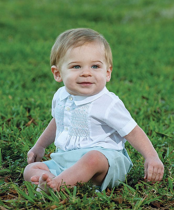 Sarah Louise White & Mint Smocked Boys Outfit - 011536