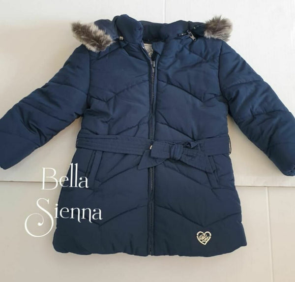 Dolce Petit Navy Padded Coat Perfect For School Faux Fur Hood