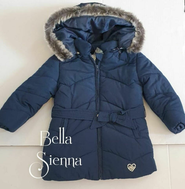 Dolce Petit Navy Padded Coat Perfect For School Faux Fur Hood
