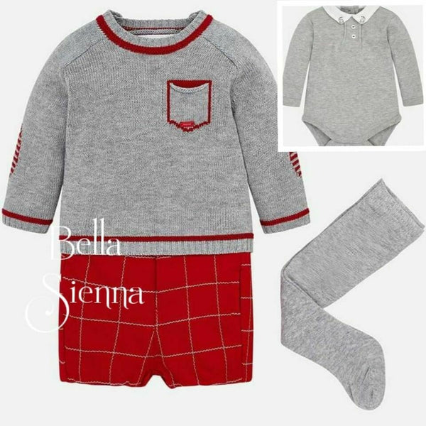 Mayoral Baby Boys Four Piece Set of tights, jumper, shorts and collared long sleeved vest top.2208