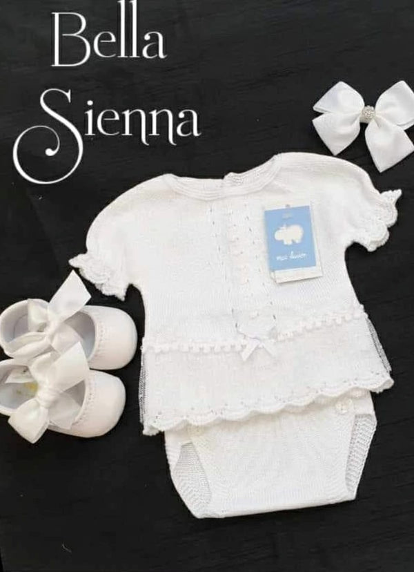 Mac Ilusion Two Piece Baby Girl White Fine Knitted Outfit with lace 7226X