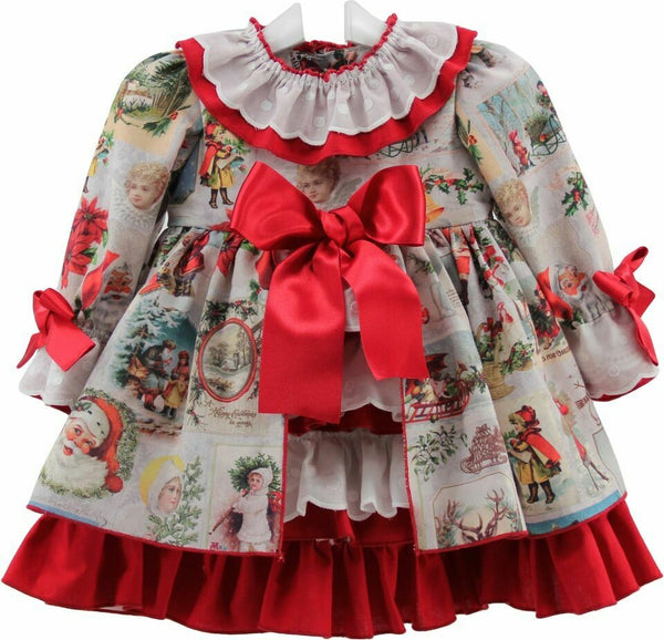 Ricittos Christmas Print Puffball Baby Dress, Pants & Bonnet Set