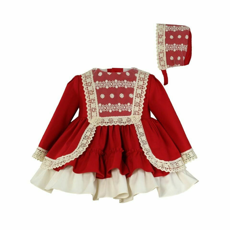 Miranda Red/Ivory Christmas Dress & Bonnet Set 150/VG