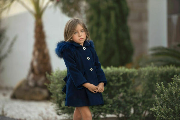 Miranda Navy Blue School Coat With Faux Fur Hood & Velvet Detail 0202 A