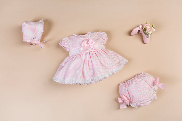 Petit Bebe Pink & White Gingham Dress, Pants & Bonnet Set - 18040