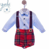 Yoedu Shirt & Red Tartan Shorts With Braces