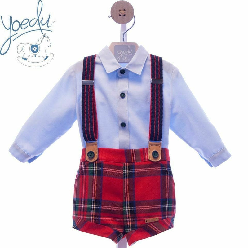 Yoedu Shirt & Red Tartan Shorts With Braces