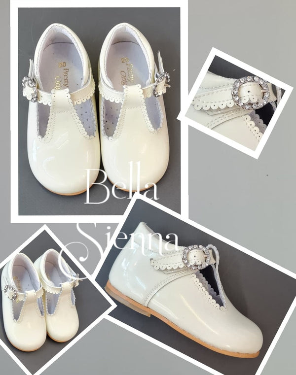 Pretty Originals Ivory / Cream Patent Leather T-Bar Shoes With Diamonte Buckle UP465D