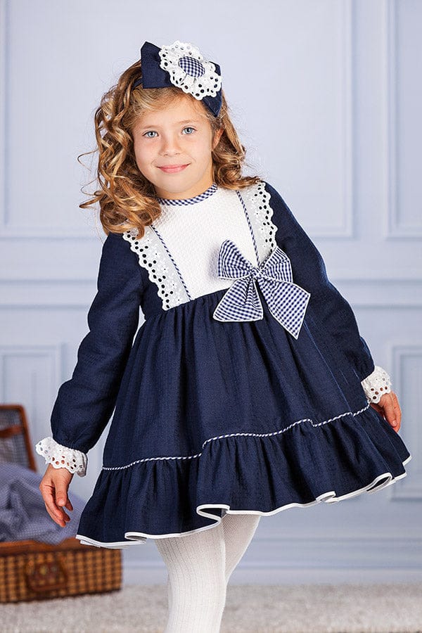 Petit Bebe *Navy And White Puffball Dress And Matching Hairpiece