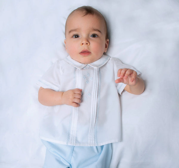 Sarah Louise Baby Boys White Top Blue Shorts 2 Piece Set Heritage Collection C400I