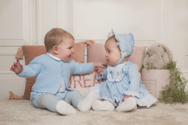 Dolce Petit Blue & White Dress, Pants & Bonnet Set - 2019