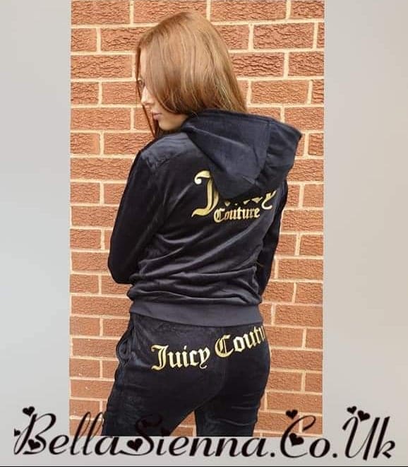 Juicy Couture Black Velour Joggers & Zip Through Jacket With Gold Detail