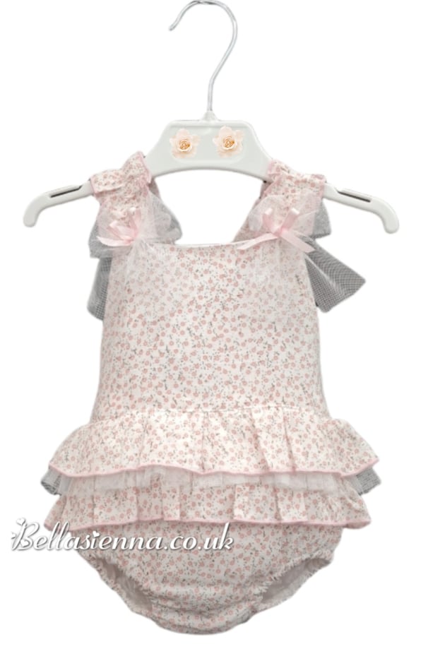 GRANLEI PINK FLORAL TULLE DUNGAREE ROMPER/SHORTIE - 122-214