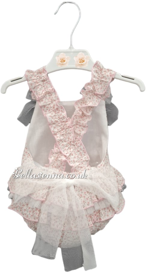 GRANLEI PINK FLORAL TULLE DUNGAREE ROMPER/SHORTIE - 122-214