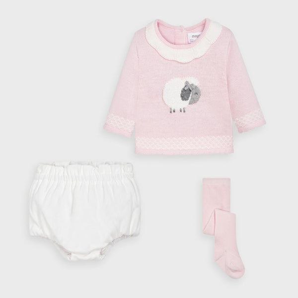 Mayoral Pink Three Piece Sheep Jam Pants & Tights Set - 2212