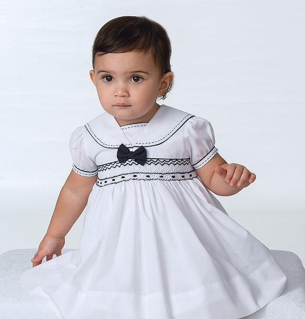 Sarah Louise White & Navy Smocked Dress With Bow - 011504