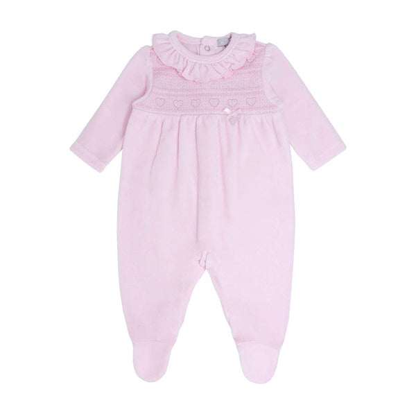 Blues Baby Pink Velour Smocked Heart Babygrow BB0237