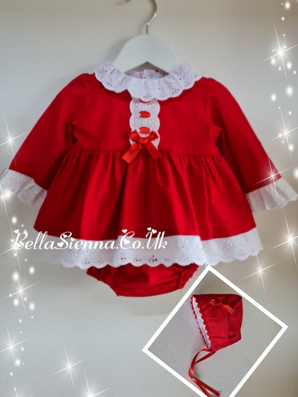 Eva Class 3 Piece Red & White Dress, Pants & Bonnet Set - 12002 - Winter