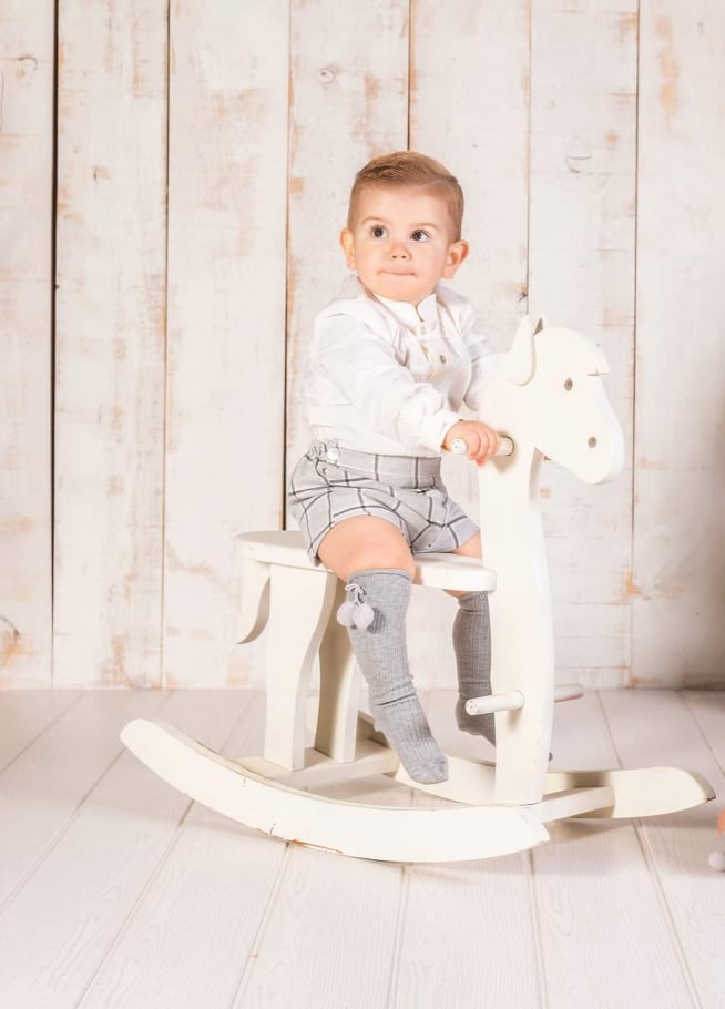 Boys 2 Piece Ivory Shirt & Grey Check Shorts Set - 2212525