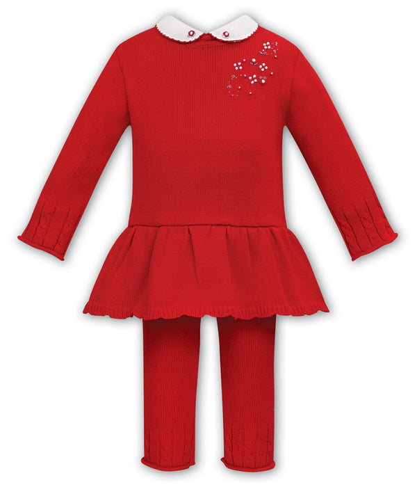 Sarah Louise Red Knitted Set With Embroidery & Pearl Detail - 008133