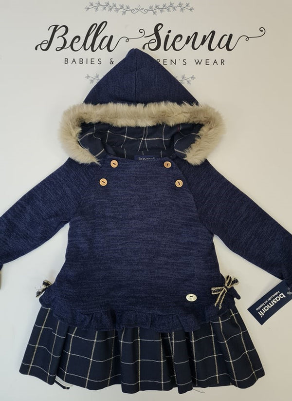Basmarti Navy And Gold Dress With Faux Fur Hood Trim 21610