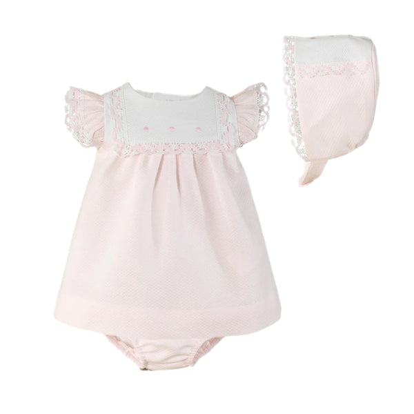 Miranda Baby Pink & White Dress, Pants & Bonnet Set 24 VGB