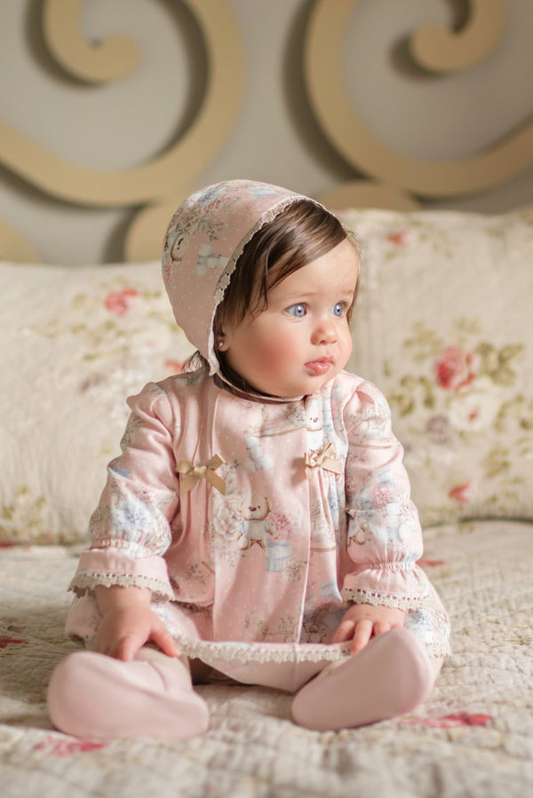 Miranda Teddy Bear & Rocking Horse Print Dress, Pants & Bonnet Set - 24 VGB