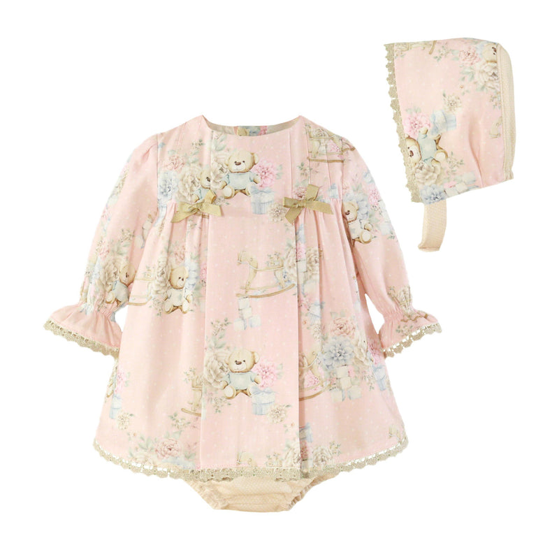 Miranda Teddy Bear & Rocking Horse Print Dress, Pants & Bonnet Set - 24 VGB