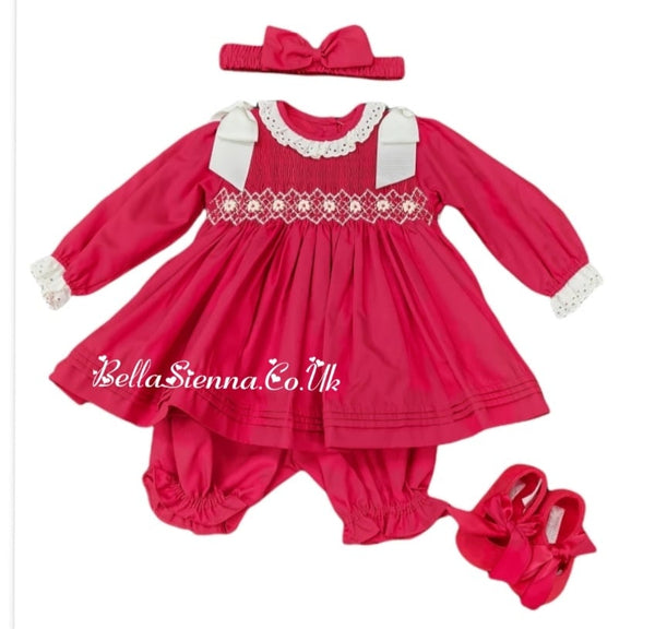 Pretty Originals Baby Girls Red/Cream Dress With Smocking MT00992