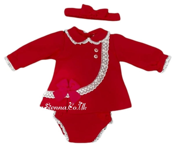 Pretty Originals Baby Girls Red And Cream Dress/Pants And Headband - MT00946L