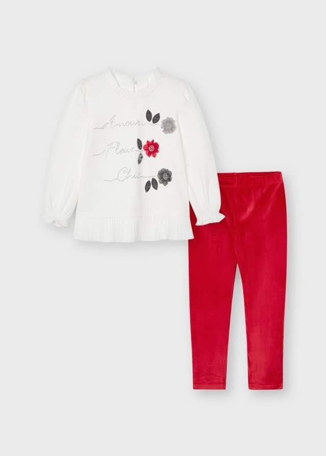 Mayoral Velvet Leggings Set For Girls- Red - 4741