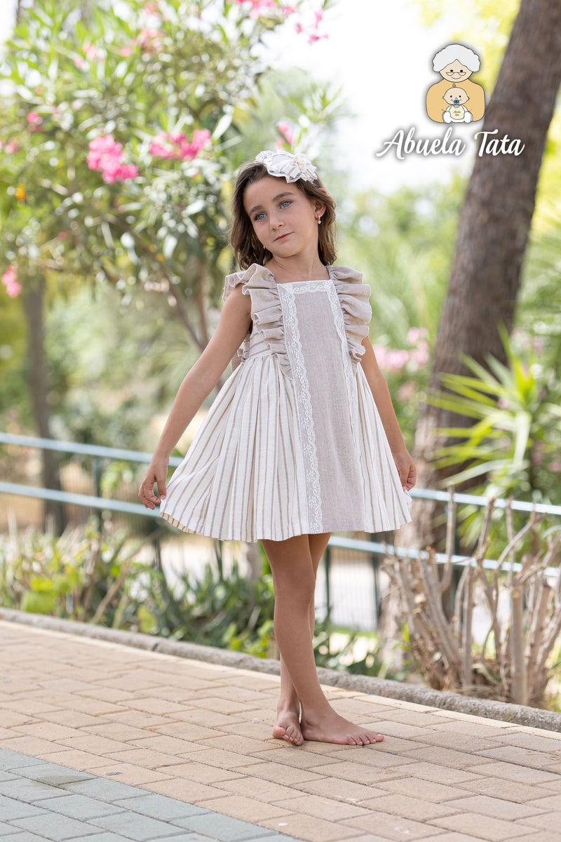 Abuela Tata Beige & Ivory Dress & Matching Headband- 2599341