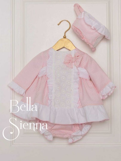 Dolce Petit Pink & White Dress, Pants & Bonnet Set - 2018