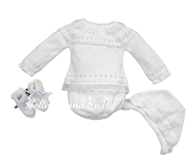 Mac Ilusion 4 Piece Baby Girl Newborn White Fine Knitted  Outfit 7629X