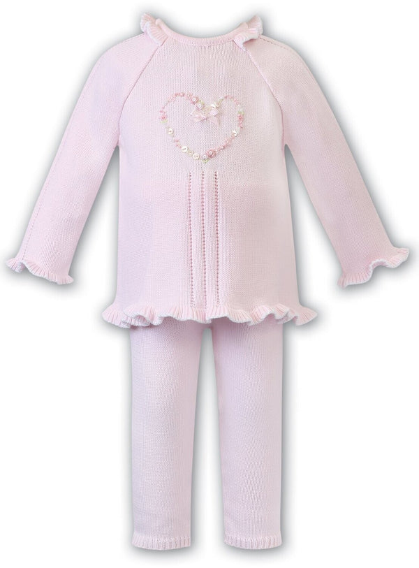 Sarah Louise Pink Knitted Two Piece Outfit With Embroidered Heart Detail 008143