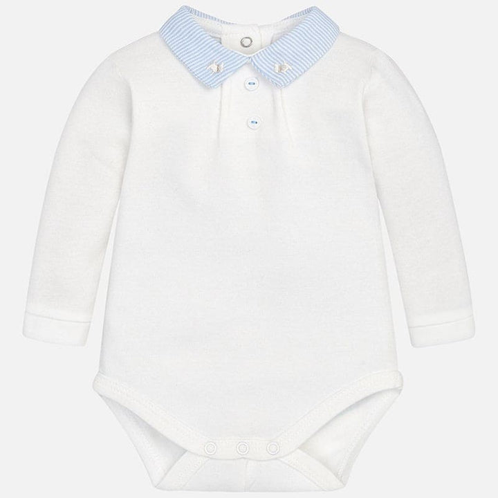 Mayoral Ivory With Baby Blue Stripe Collar Peter Pan Polo Vest Top With Embroidered Dogs - 2701