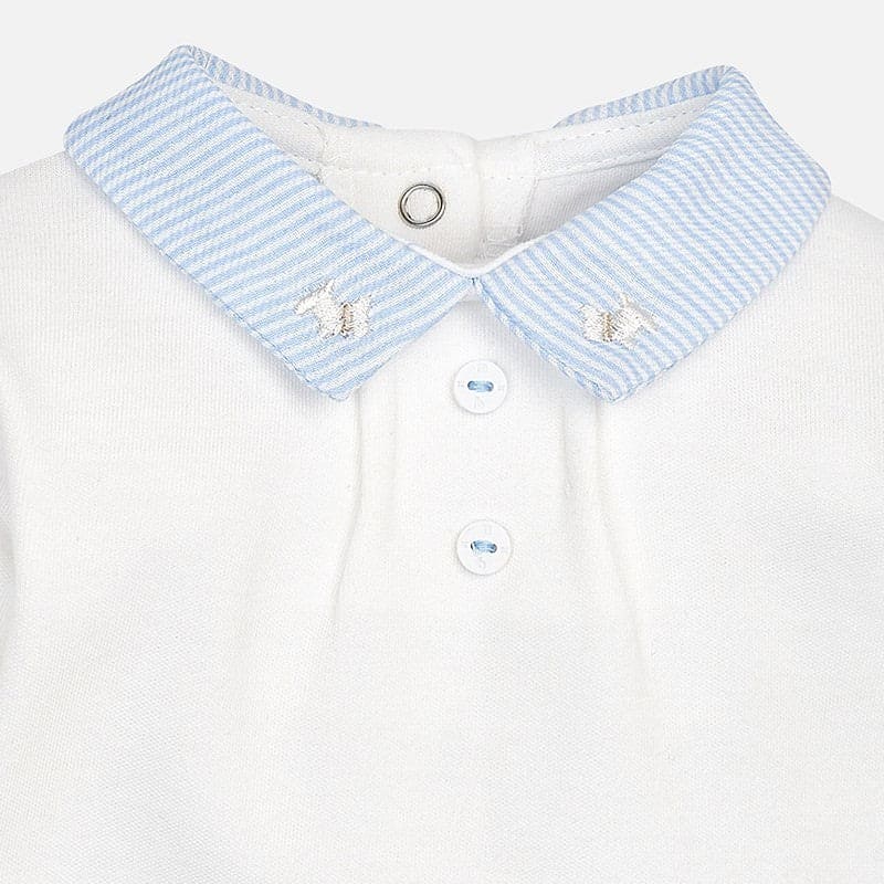 Mayoral Ivory With Baby Blue Stripe Collar Peter Pan Polo Vest Top With Embroidered Dogs - 2701