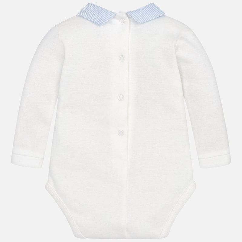 Mayoral Ivory With Baby Blue Stripe Collar Peter Pan Polo Vest Top With Embroidered Dogs - 2701
