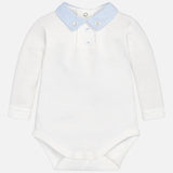 Mayoral Ivory With Baby Blue Stripe Collar Peter Pan Polo Vest Top With Embroidered Dogs - 2701