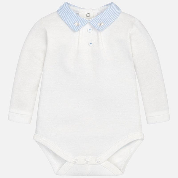 Mayoral Ivory With Baby Blue Stripe Collar Peter Pan Polo Vest Top With Embroidered Dogs - 2701